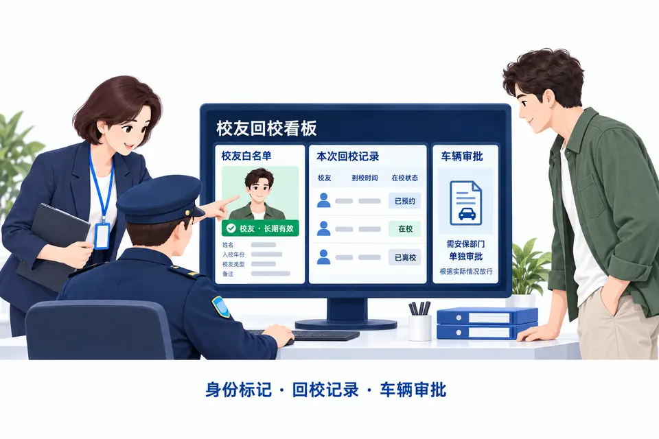 校友会和安保工作人员查看长期有效的校友白名单、本次回校记录及独立的车辆审批信息。