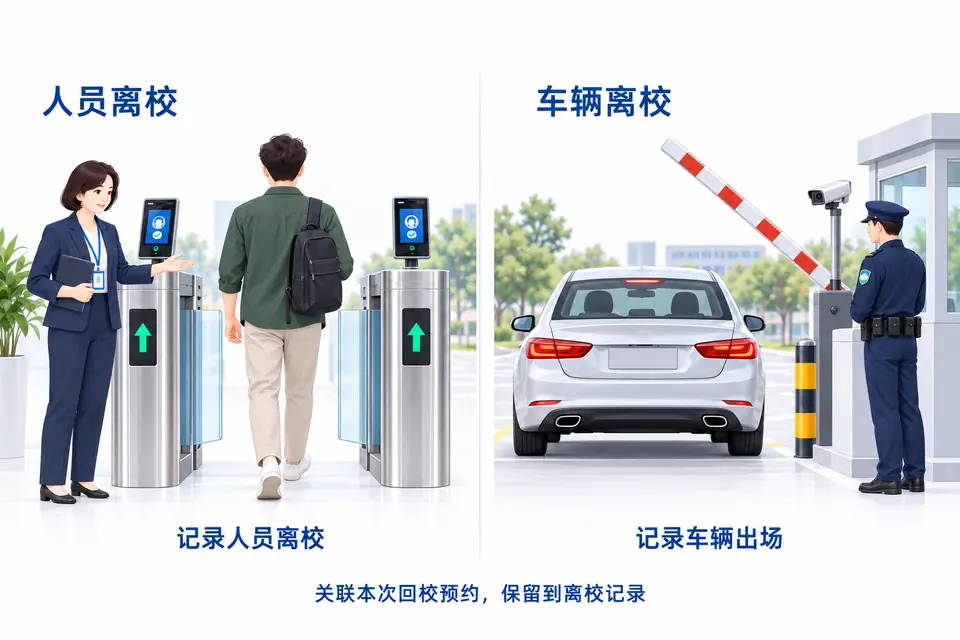 校友与车辆离校,记录本次回校的到离校情况,校友白名单身份继续有效。