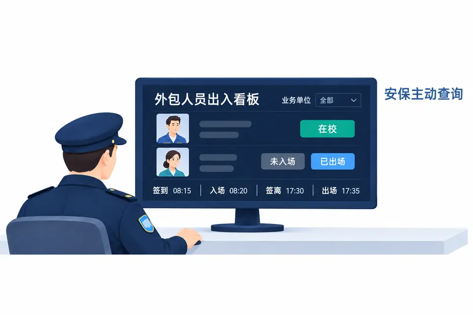 安保人员通过外包人员出入看板,查看业务单位、短期权限、在校状态及签到、签离和实际出入记录。