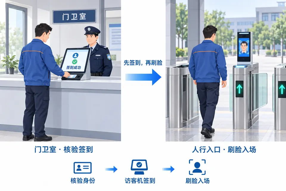 外包人员先在门卫室访客机核验身份并签到,完成后再到人行入口刷脸入场,两个环节依次办理。