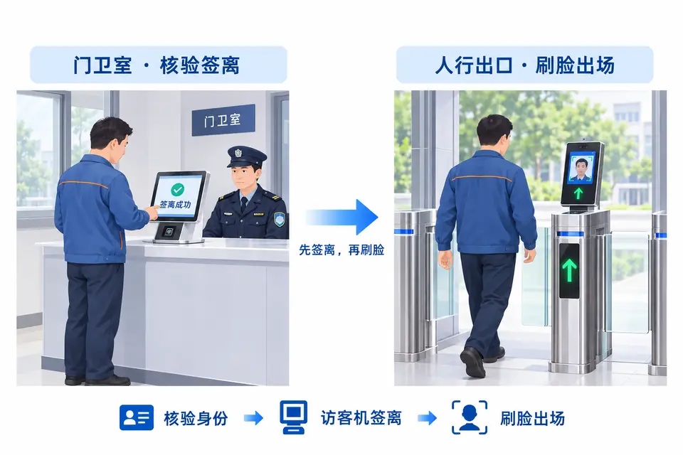 外包人员先在门卫室访客机核验身份并签离,完成后再到人行出口刷脸出场,签离与刷脸出场均须办理。