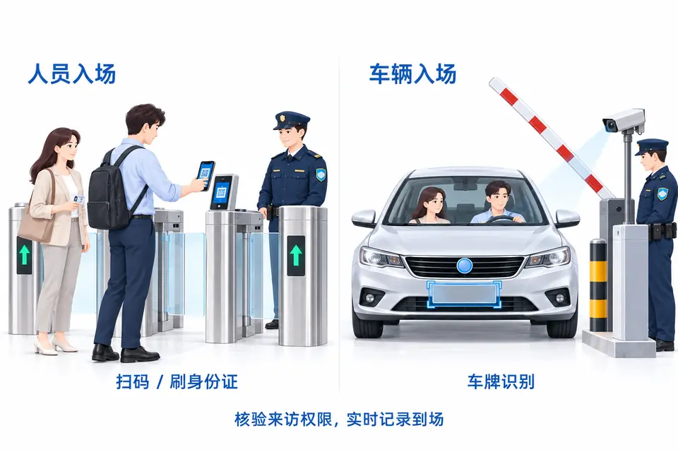 会议及参观人员通过扫码或刷身份证入场,车辆通过车牌识别入场,系统实时记录到场情况。