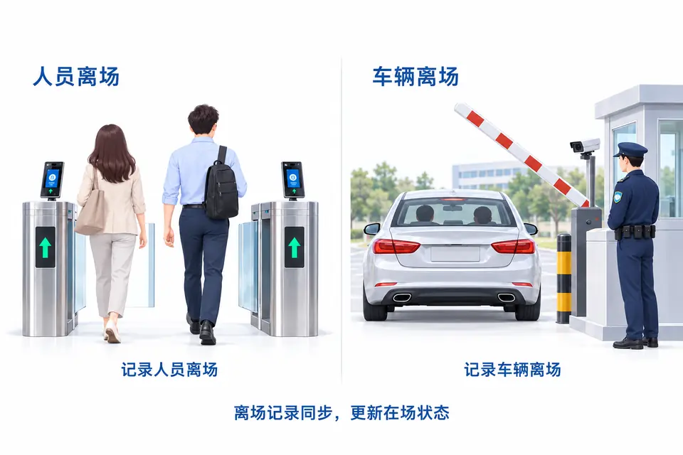 参会及参观人员和车辆离场,系统记录离场时间并更新在场状态,不发送入场或离场消息提醒。