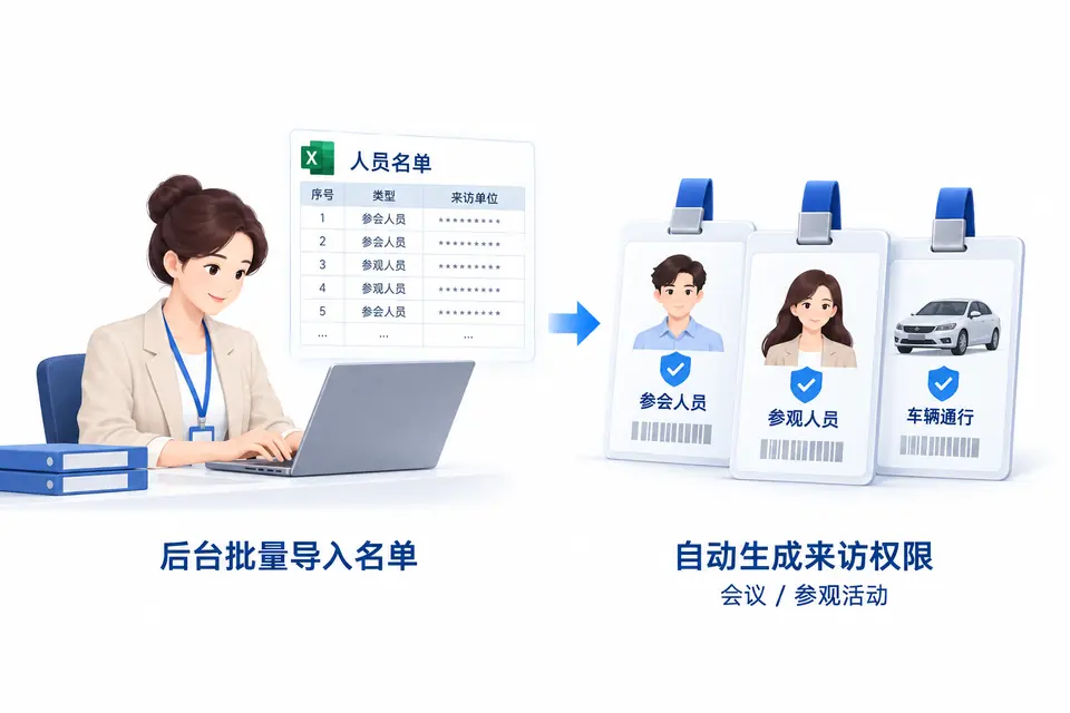 活动工作人员在后台批量导入会议或参观人员名单,系统自动生成对应的人员及车辆来访权限。