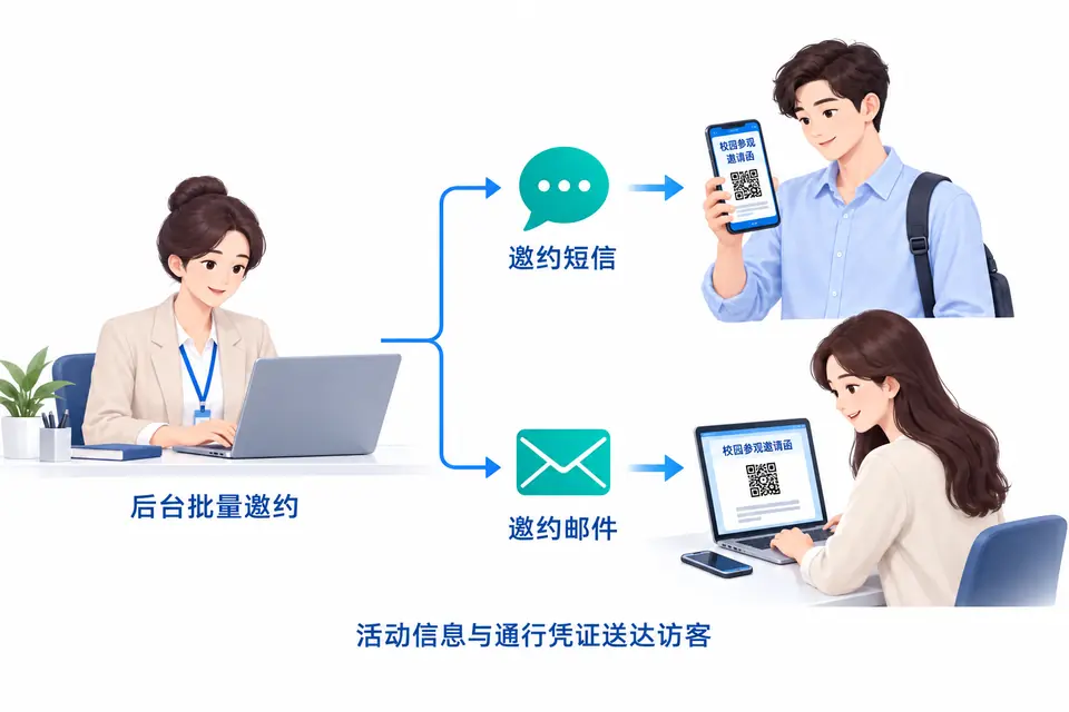 后台向活动名单中的访客批量发送邀约短信或邮件,访客提前接收活动信息与通行凭证。