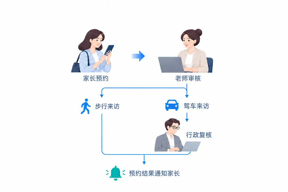 家长预约后由老师审核,再分为步行来访和驾车来访;驾车增加行政复核,两条路径汇合后将预约结果通知家长。