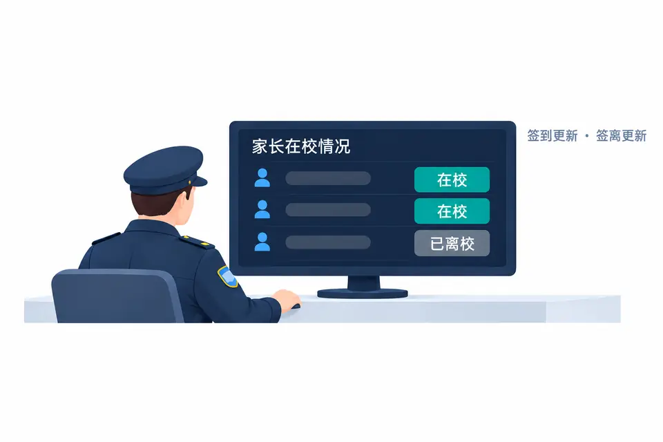 安保人员查看深色数据看板,签到与签离实时更新,掌握家长在校及已离校状态。