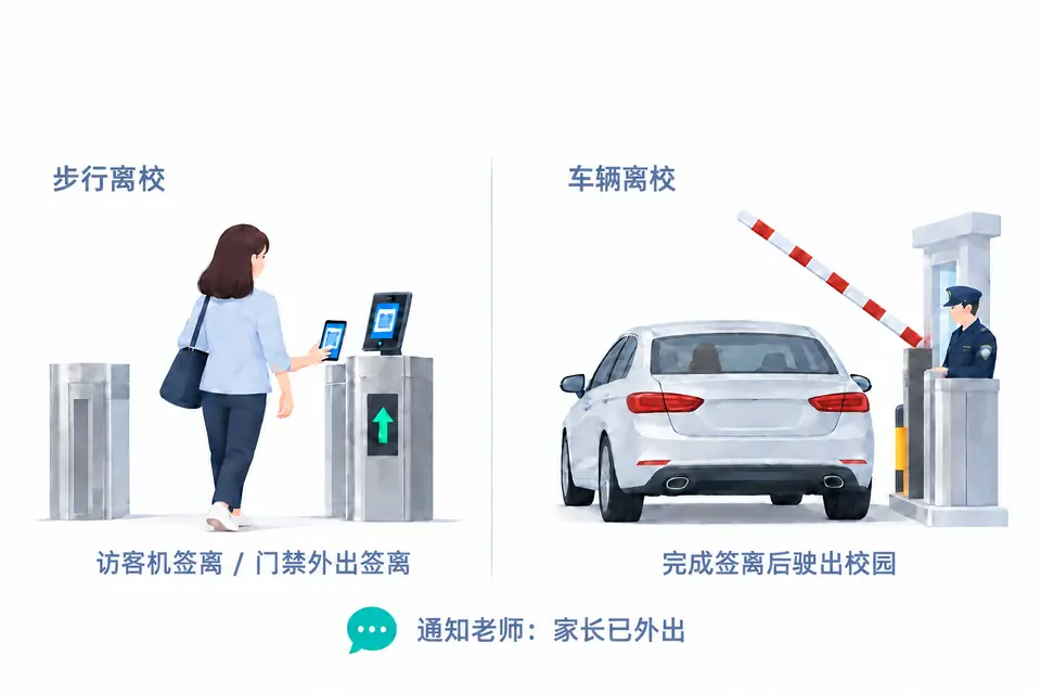 步行离校访客机签离或通过门禁外出签离;车辆完成签离后驶出校园,系统通知老师家长已外出。