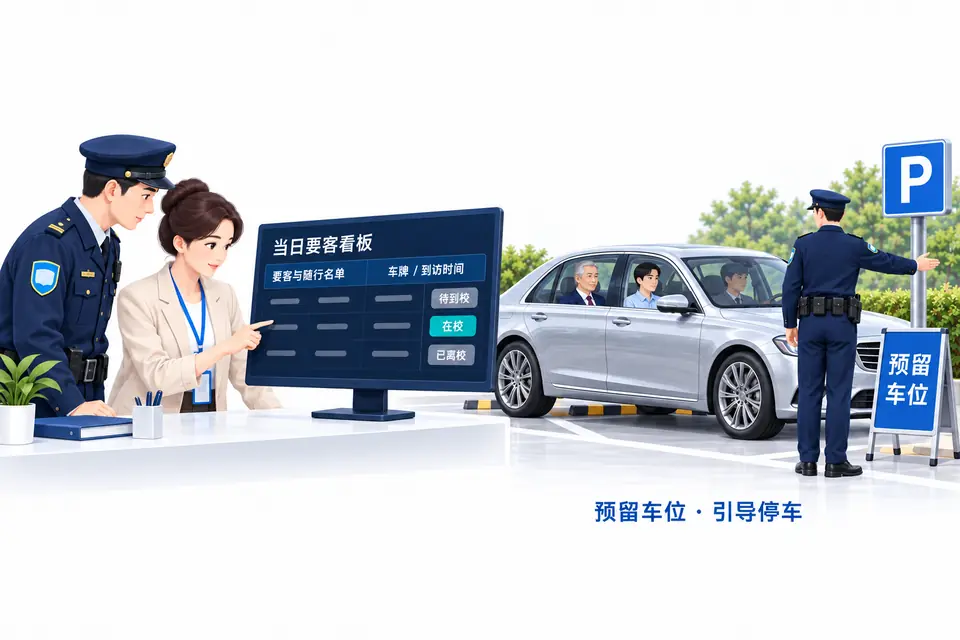 校内安保和接待人员查看当日要客、随行名单与车辆安排,提前预留车位并引导要客车辆停放。