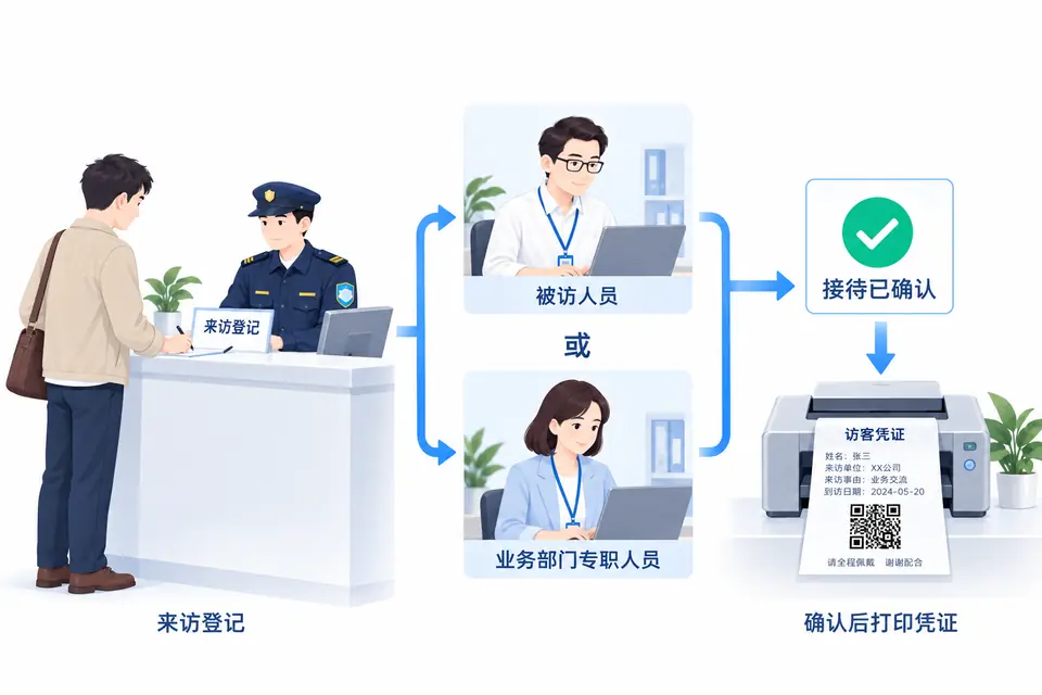 登记信息由被访人员或业务部门专职人员确认,两类确认人员为可选接待方,确认完成后办理打印凭证。
