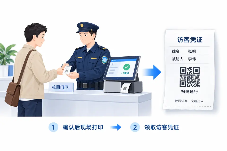 接待确认后,门卫室访客机现场打印带二维码的纸质访客凭证,由访客领取用于出入扫码通行。
