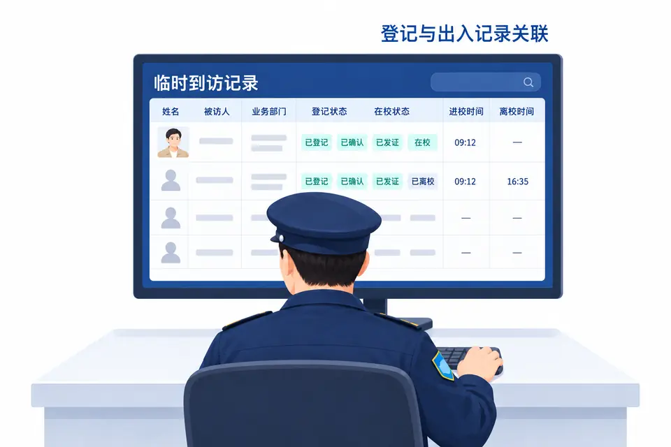 安保查看临时到访记录,关联现场登记、接待确认、凭证发放及扫码入场和出场信息。