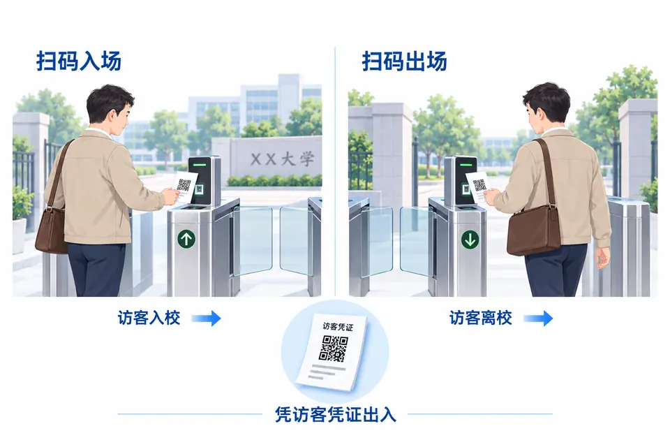 访客持纸质访客凭证,分别在入口扫码入场、出口扫码出场,两个方向均使用凭证二维码。