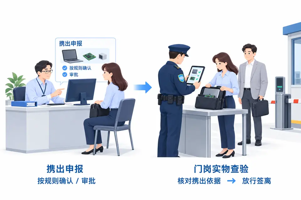 商务访客打开电脑包和样品箱，门卫核对已确认的携出清单，查验后安排离厂。