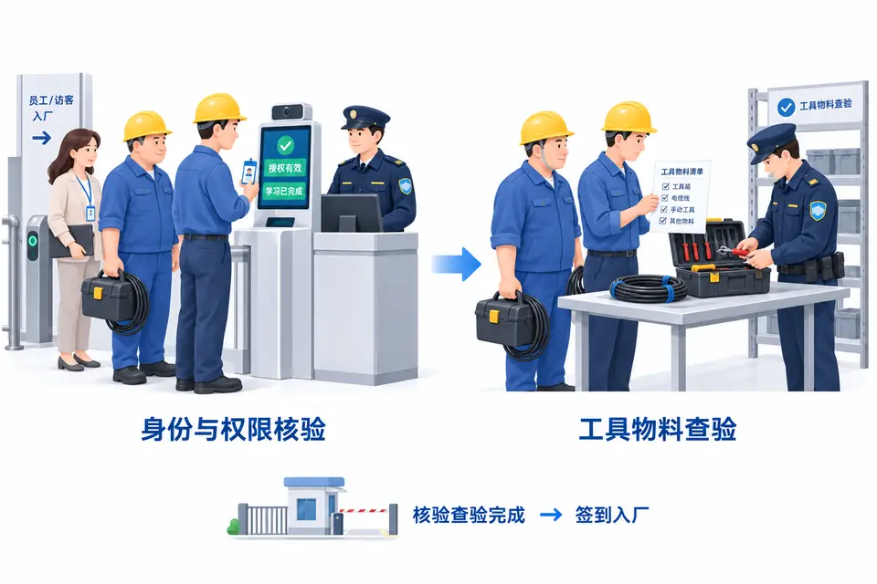 安保核对外包人员身份和授权，检查工具箱与线缆，终端显示已完成学习的状态。