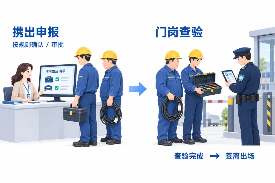 工装外包人员在门岗打开工具箱，安保对照已批准的携出记录检查工具和剩余物料。