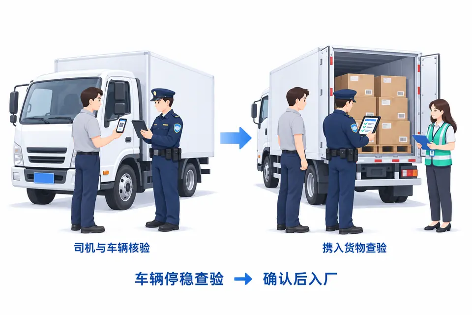 货车停稳在厂区车道检查点，安保使用手持终端核对司机与车牌，并查看车内货物。
