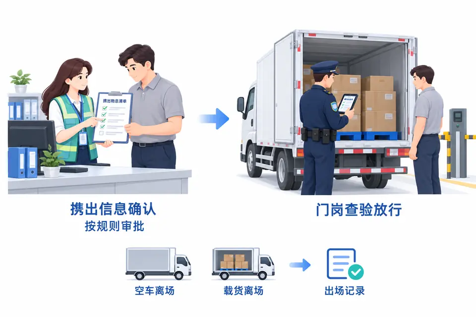 厂区出口安保对照已批准的携出清单检查货车实际载货，区分有货和空车离场。