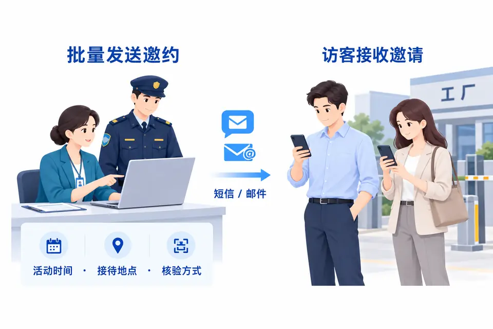 不同年龄的成年参观访客查看手机邀请，短信和邮件图形连接活动名单。