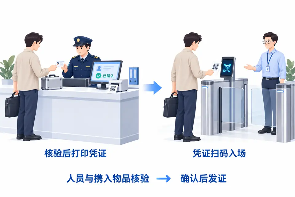 安保核对临时访客的样品箱后，从访客机打印纸质二维码凭证交给访客用于扫码入厂。