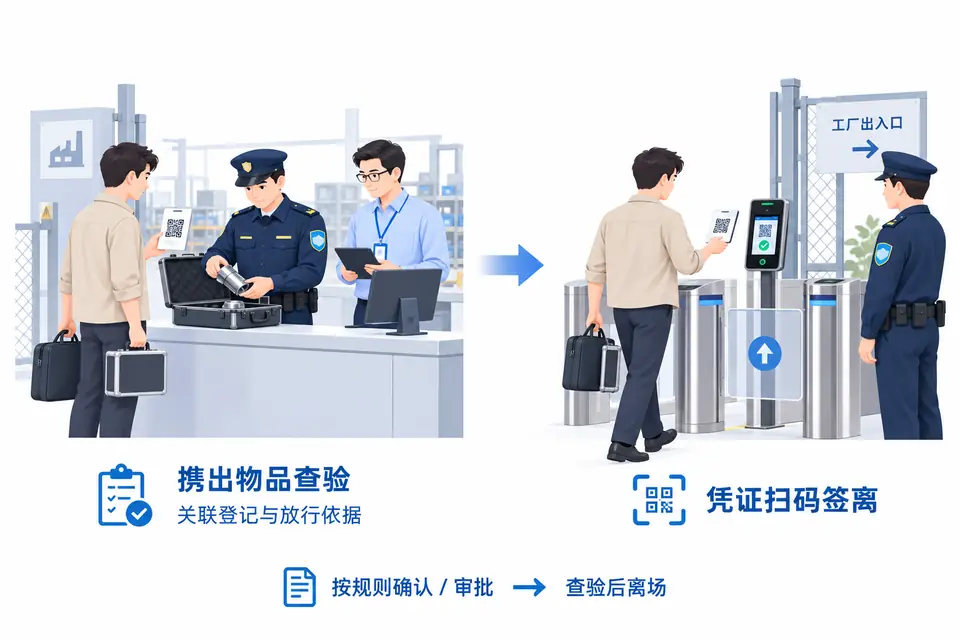 临时访客出示纸质访客凭证并打开样品箱，安保核对携出清单和实际物品后办理离场。