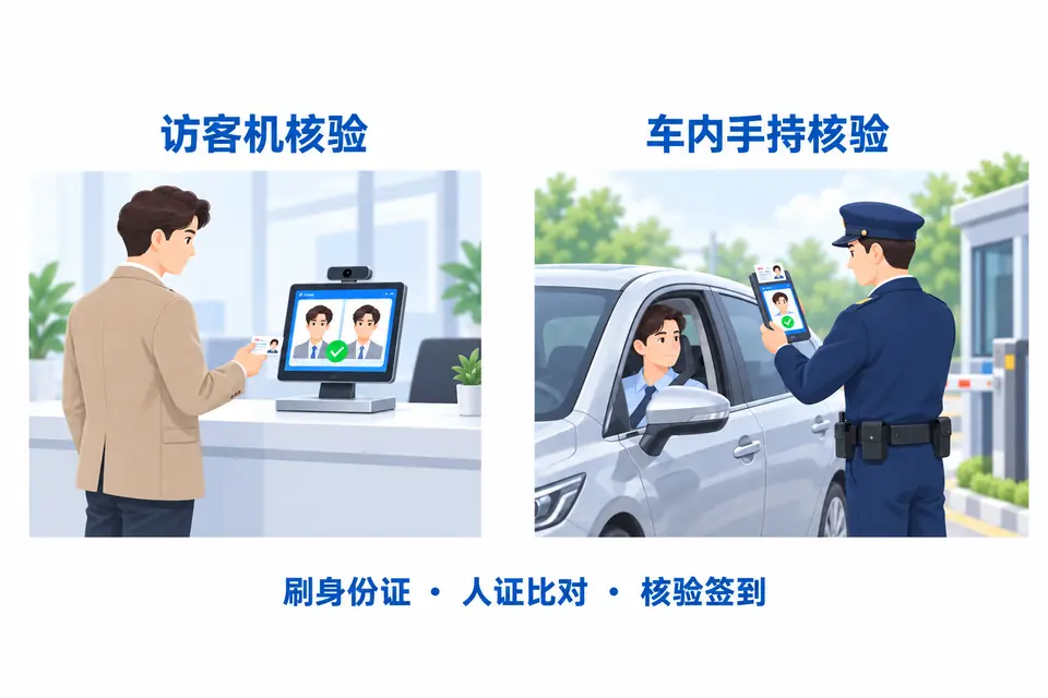 步行访客在访客机刷身份证核验；司机坐在车内，安保在打开的车窗旁使用手持访客机完成人证比对与签到，无须下车。