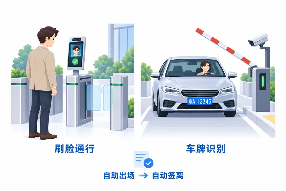 办事访客在闸机刷脸通行，车辆通过车牌识别进出，系统根据出场记录自动签离。