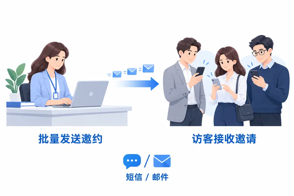 系统向会议和参观名单批量发送短信或邮件，成年参会与参观访客收到活动邀请。