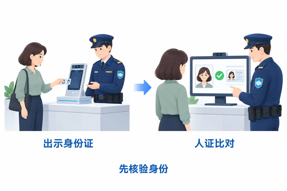 现场访客出示身份证，访客机将现场人脸与证件照片比对，先完成身份核验。