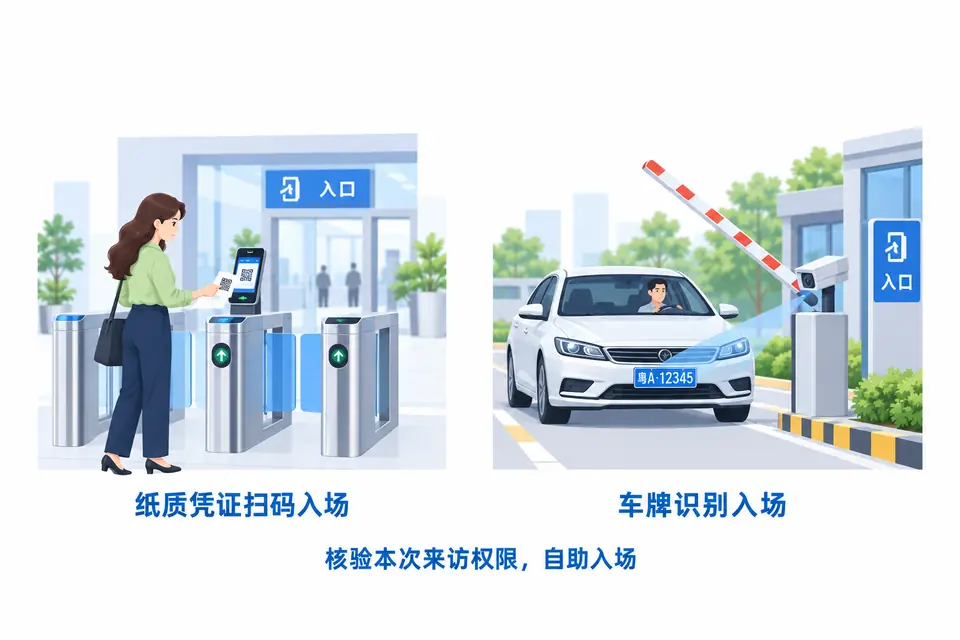 访客持纸质二维码凭证在入口闸机扫码入场，驾车访客通过车牌识别自助入场。