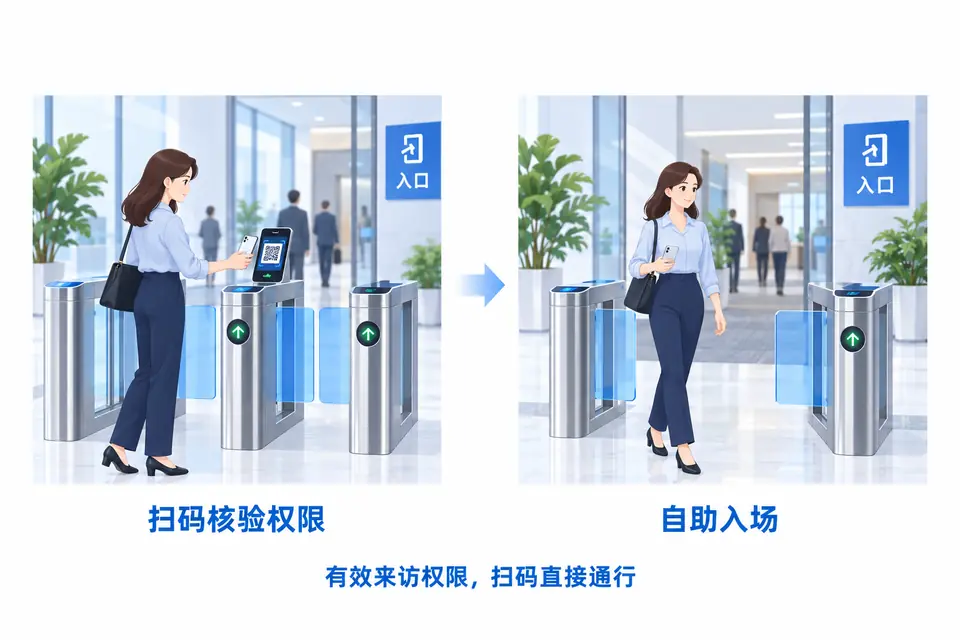 商务访客在写字楼大堂出示手机二维码核验后,通过闸机自助入场。