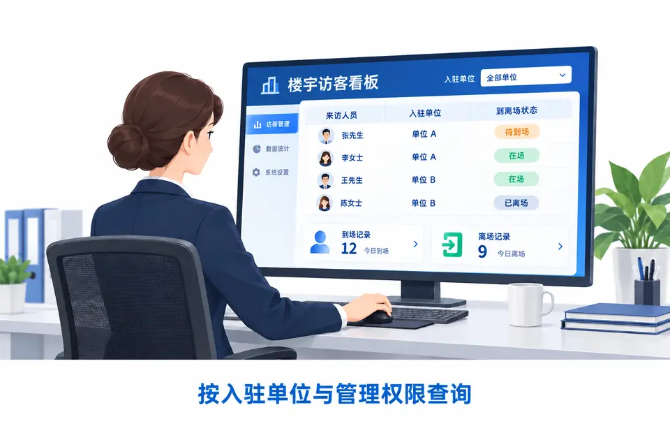 物业管理人员查看楼宇访客看板,按接待入驻单位查询待到场、在场和已离场状态。