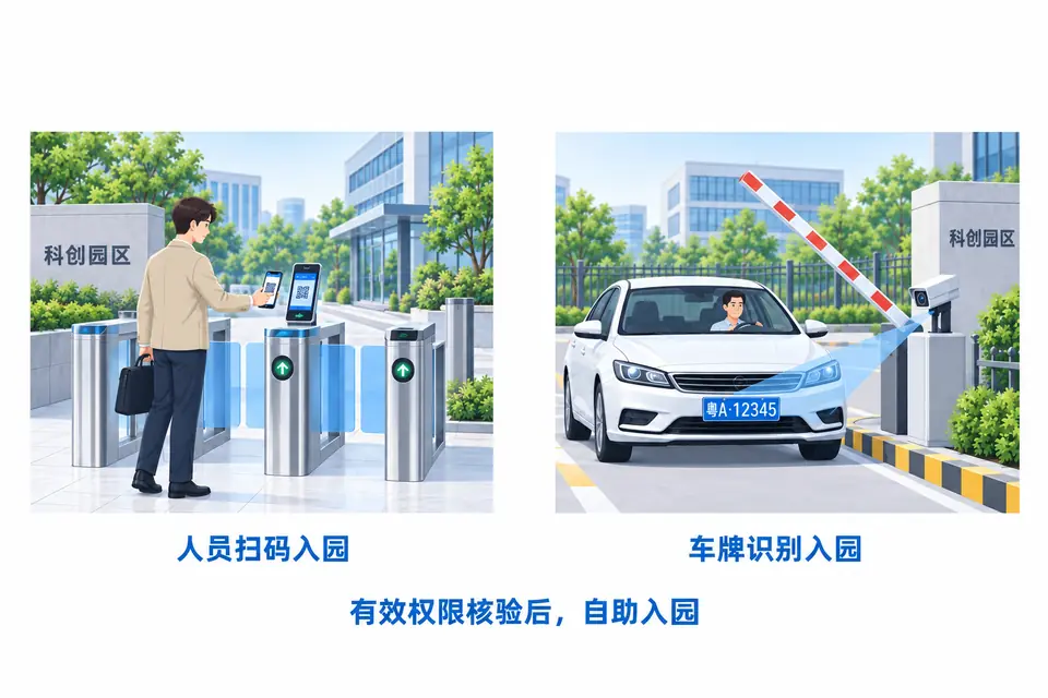 园区人行入口访客扫码入园,来访车辆经车牌识别自助入园,司机留在车内。
