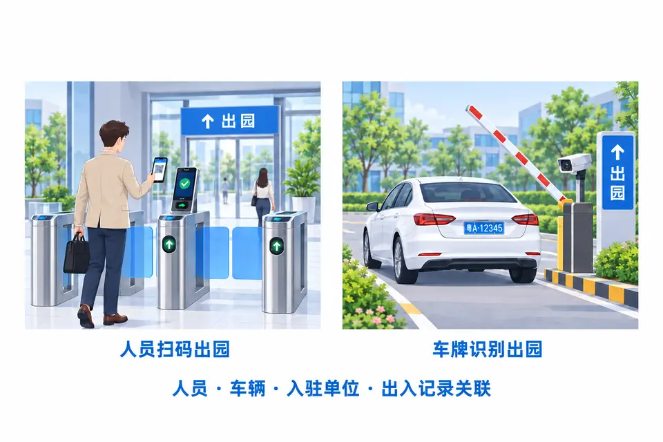 人员扫码出园,来访车辆经车牌识别自助离园,出入记录关联接待入驻单位。