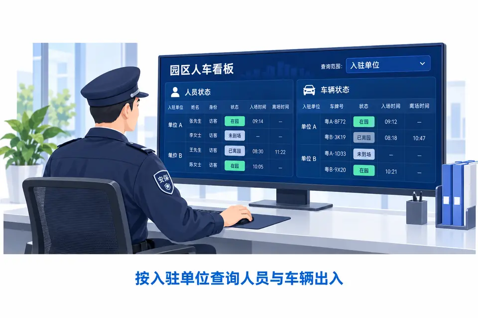安保人员查看园区人车看板,分别查询人员与车辆状态,记录关联对应接待入驻单位。