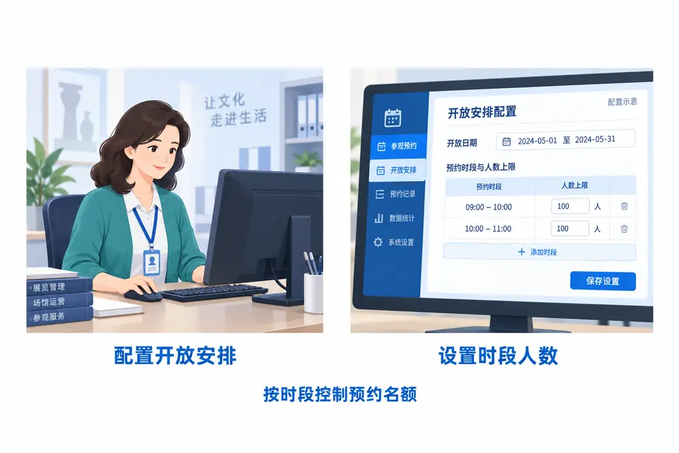 场所管理人员在电脑上配置开放日期、预约时段和各时段人数上限。