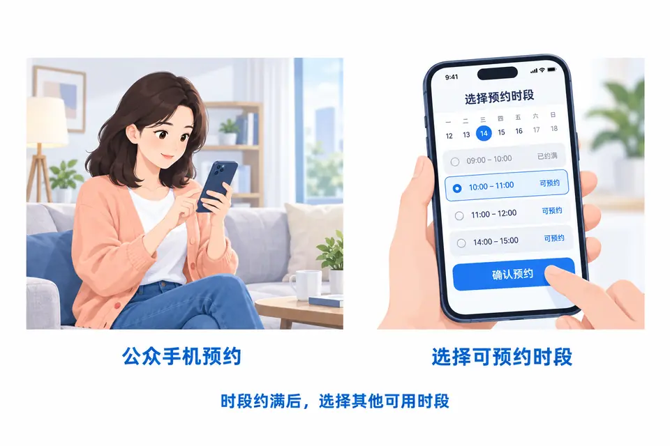 公众通过手机选择可预约时段，已约满的时段显示为不可预约。