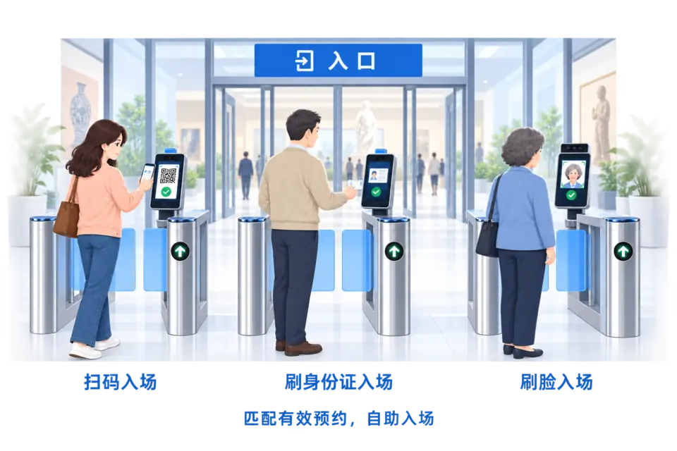 公众访客分别通过扫码、刷身份证或刷脸核验有效预约后自助入场，三种方式为可选方式。
