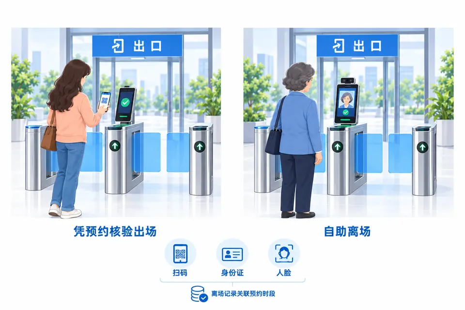 访客在出口通过对应预约凭证自助核验离场，支持扫码、身份证或人脸方式。