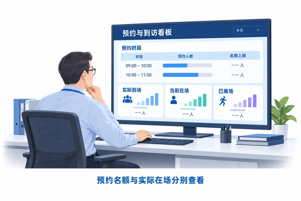 场所管理人员查看预约与到访看板，时段预约名额和实际到场、在场及离场状态分别呈现。