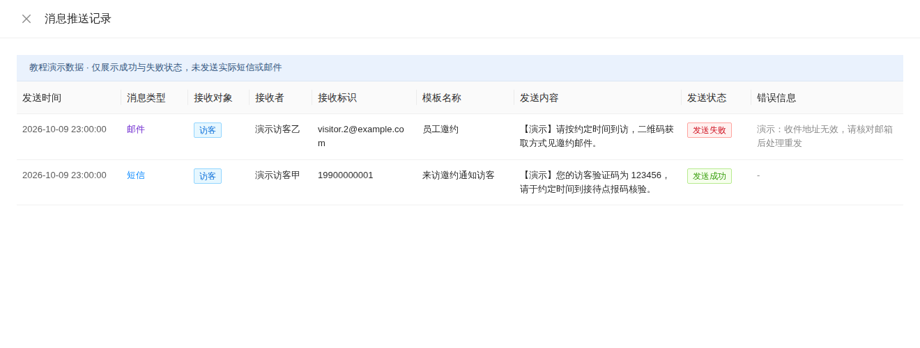 消息推送记录中的发送时间、消息类型、状态和错误信息